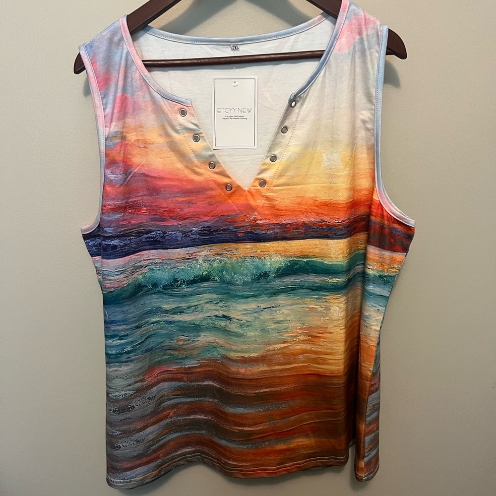 NWT plus size 2X Colorful Sleeveless Tank top V neck stretchy cool beachy style - Picture 2 of 7
